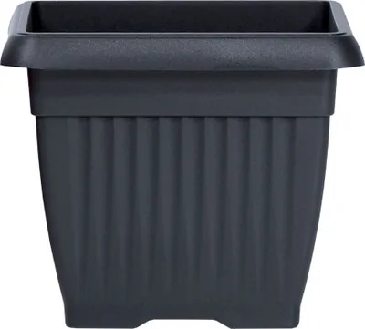A dark gray square planter pot shown from the front.
