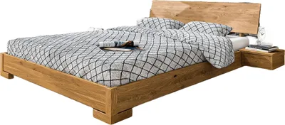 Produktbild von Bett Bento 3 aus Wildeiche massiv 120x200 cm mit Holzkopfteil und Holzbeinen