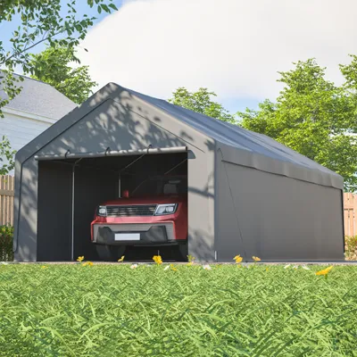 Produktbild von Carport 13'x25' für Auto, LKW & Boot – Schwerlast-Garage mit Stahlrahmen, wasserdicht & UV-beständig, Rollup-Fenster, abnehmbare Seitenwände, Grau