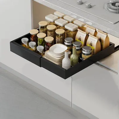 Produktbild von Ibenzoa® Teleskopische ausziehbare Küchenschublade, werkzeuglose Montage, verstellbare Breite 32–52 cm, Metall, Schwarz