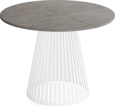 Produktbild von Esstisch Rund Ausziehbar mit Lamellen im Loft-Stil – 100 bis 180 cm – Industrieller Tisch mit Weißen Metallbeinen, Platzsparend für Wohnzimmer oder Esszimmer – Beton-Optik Dunkelgrau
