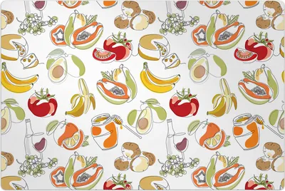 A repeating pattern of various fruits, vegetables, cheese, and honey jars.