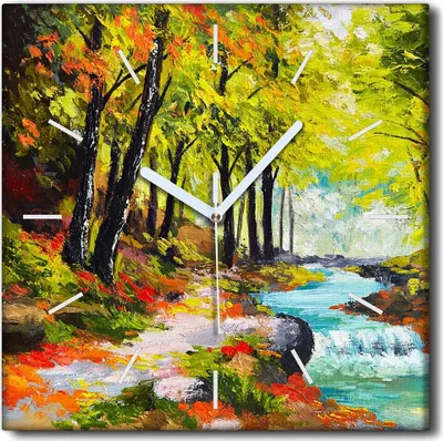 Produktbild von Coloray Uhr auf Leinwand 30x30 cm Wand Uhr Dekoration Wohnzimmer Segeltuch weiße Zeiger -Flussherbstwaldbaum