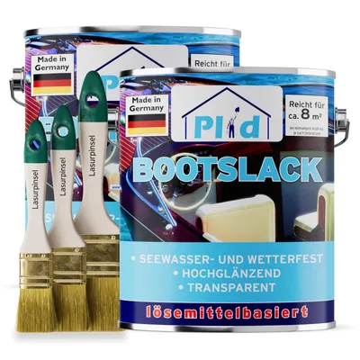 Produktbild von Plid Bootslack 1,5L + Pinselset 3-tlg. Farblos Glänzend – für ca. 16m² / Klarlack Holzlack Schiffslack Holzschutz – wasserfest & strapazierfähig