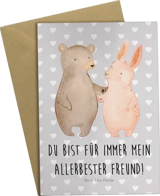 Produktbild von Mr. & Mrs. Panda babykarte Bär und Hase Umarmen - Grau Pastell - Geschenk, glückwunschkarten, einladungskarten, Grußkarten, Klappkarte, Umarmung, Freunde, hochzeitskarten