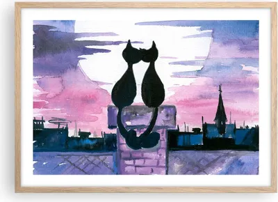 Produktbild von Gerahmtes Poster - Rahmen in heller Eiche - Katzen Dach Liebe Tier - 70x50 cm - Wand Bild - Wanddeko - Wandbilder - Wandposter - Bilderrahmen - Bilder - Kunstdruck - Wandbild - P2NAA70x50-2970