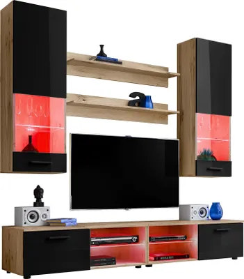 Produktbild von Komodee | Wohnwand Wohnzimmerset RTV Varallo, Korpus Wotan Matt Frontfarbe Schwarz Hochglanz, LED RGB