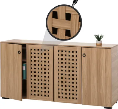 Obrázek produktu pro Příborník HWC-N87, komoda skříňový příborník, 3D proutěný design 4 dvířka 9 úložných prostorů 83x159x37cm  hnědý