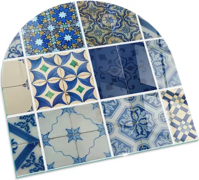 Produktbild von Keramische Fliesenmuster – Glasbodenplatte für – Kaminofen – Kaminplatte Glas – Schutzglas – Funkenschutzplatte –Glasbodenplatte Feuerfeste – Hitzeschutzplatte – Bodenschutz aus Glas – 100x100 cm