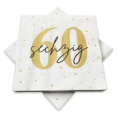 Produktbild von 20 Servietten zum 60. Geburtstag 33 x 33 cm - weiß gold schwarz