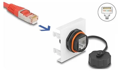 Produktbild von DeLOCK Easy 45 Modul Netzwerk RJ45 Cat.6A, 45 x 45 mm, 0,045 m, Cat6a, S/UTP (STP), RJ-45, RJ-45, Schwarz