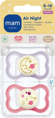 Zdjęcie produktu dla MAM Air Night silikonowe smoczki nocne, 6-16 miesięcy, seria Mond/Universum, kolor fioletowy, zestaw 2 sztuki – opakowanie 6 sztuk