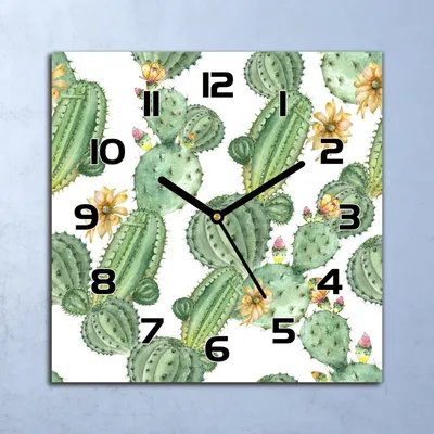 Produktbild von Wanduhr Echt-Glas-Küchenuhr Kakteen mit Blumen Quarz 30x30 Deko Bilder