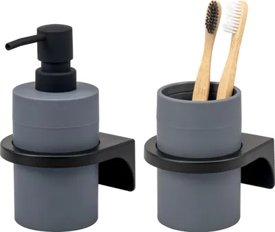 Imagen del producto de Juego de accesorios de baño Bremermann SAVONA, 2 piezas, 1 dispensador de jabón, 1 vaso, plástico gris.