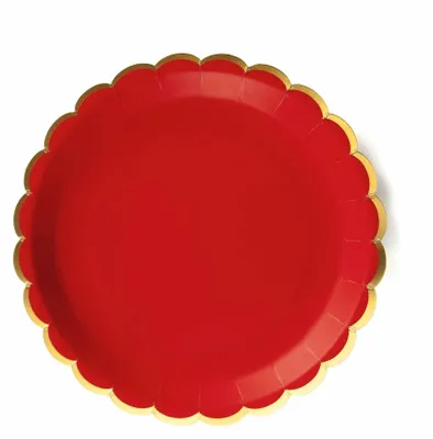 Image de 8 assiettes de Noël en carton rouge et or, 23 cm, ondulées - taille unique
