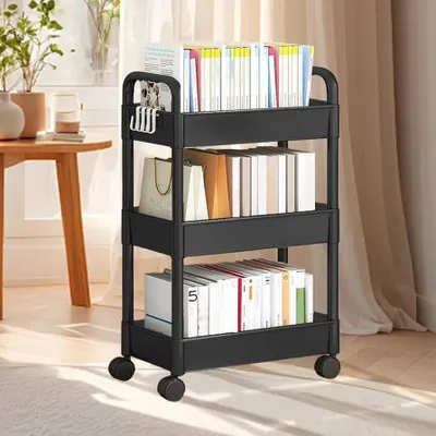 Productafbeelding van Keukenwagen met rollende planken, schuifplanken, 3 planken, kunststof, met 4 wielen, geschikt voor kleine ruimtes