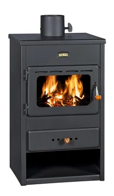A black wood-burning stove with a fire burning inside, shown against a white background.