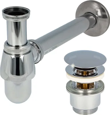 Produktbild von tecuro Siphon extra lang mit Pop Up Ablaufventil verchromt - Universal Set für Waschtisch / Waschbecken