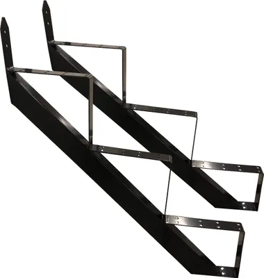 Two black metal stair stringers with three steps each, shown against a white background.