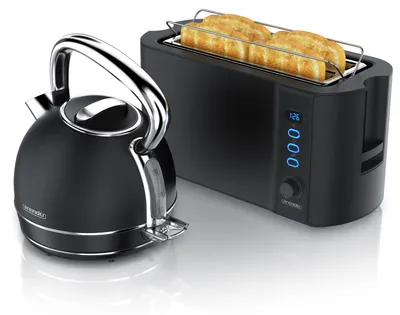 Produktbild von Arendo Frühstücks-Set, Wasserkocher 1,7 l 2200 W, LED-Temperaturanzeige und 4-Scheiben-Langschlitztoaster 1500 W, Edelstahl, Warmhaltefunktion, Brötchenaufsatz, schwarz matt, KI-generiertes Bild