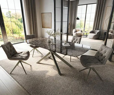 Produktbild von DELIFE Esstisch Edge Boot 180-220x100 cm Keramik Emperador Extra Lucidato Dunkelbraun Kreuzgestell Rechteck Effektfinish Titan ausziehbar