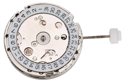 A close-up view of a watch movement with a date complication.