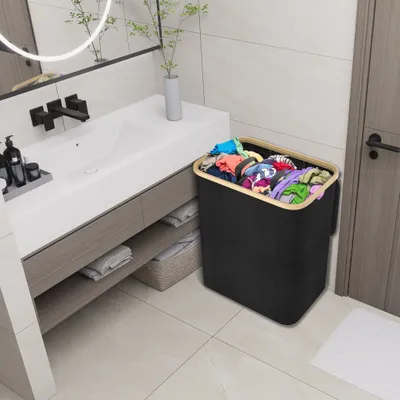 Obrázek produktu pro UISEBRT 140L Skládací koš na prádlo s víkem - prádelní truhla s vyjímatelnými sáčky na prádlo pro sběr a přepravu prádla - černá barva