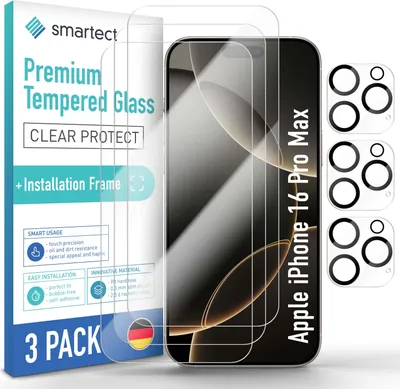 Produktbild von smartect Schutzglas Klar für iPhone 16 Pro Max, 3 x Front + 3 x Cam + Positionierhilfe