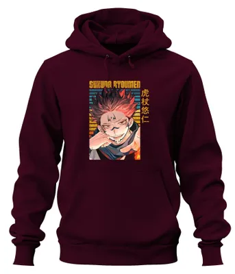 Imagen del producto de Sudadera con capucha uni, diseño de Sukuna Ryoumen de Jujutsu Kaisen, estilo "demonio", color burdeos, talla L