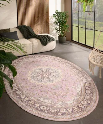 Image de Tapis d'extérieur vintage Unyqoos® ovale Valenca Nova, 160x230 cm – violet/rose, maille 3D pour un amorti doux, lavable, pour intérieur et extérieur