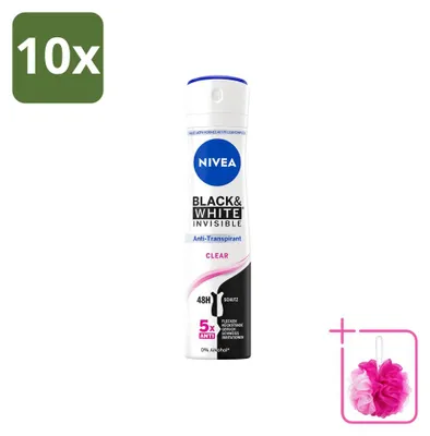 Image de 10 déodorants spray NIVEA Black & White Invisible Clear, format 150 ml - Pack économique - 10 pièces