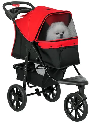 Immagine prodotto di Carrello per cani – Pieghevole – Adatto a cani di piccola taglia – Fino a 10 kg – 3 ruote – Finestre in rete e cestino portaoggetti – Rosso