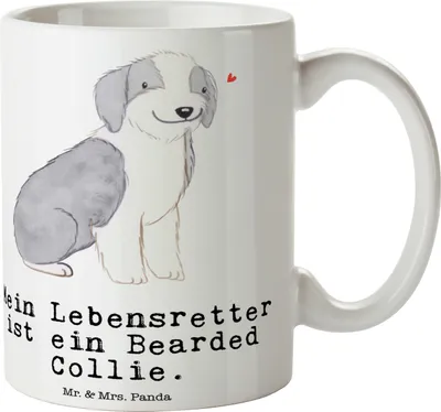 Produktbild von Mr. & Mrs. Panda Becher Bearded Collie Lebensretter - Weiß - Geschenk, Tasse, Trinkbecher, Kaffeebecher, Kaffeepott, Pott, mit Motiv, Britischer Hütehund