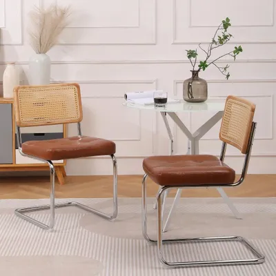 Immagine prodotto di Set di 2 sedie da pranzo in stile retrò, con struttura in rattan, colore marrone, rivestite in ecopelle, imbottite in schiuma, con struttura in legno, girevoli, dimensioni 52 x 50 x 85 cm