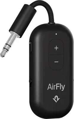 A black Twelve South AirFly Pro 2 adapter with a 3.5mm audio jack.