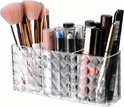 Produktbild von Make Up Organizer, Makeup Pinsel Organizer Becher, mit 3 Fächern, Kosmetik Organizer, für Eyeliners Lippenstift Wimperntusche Kosmetikpinsel