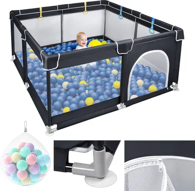 Obrázok produktu pre LZQ ohrádka pre deti, 127 × 127 × 68 cm ohrádka pre deti, veľká bezpečnostná brána na detské ihrisko s mäkkou sieťou, protišmykovým dnom Oxford, loptičkami a 4 sťahovacími krúžkami, tmavo sivá