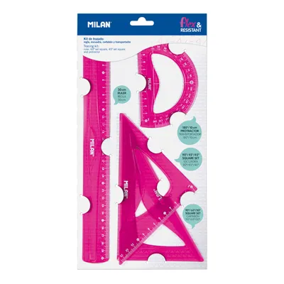 Zdjęcie produktu dla Milan Flex & Resistant Acid, Kątomierz, Ruler, Trójkąt, 4 szt., Różowy, 45° & 60°, Półkole, 108 g