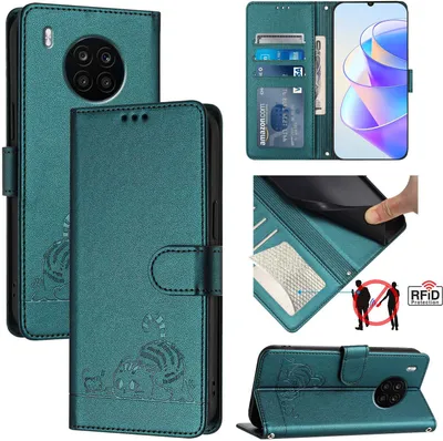 Produktbild von Leder Hülle für Huawei Nova 8i/Honor 50 Lite Süße Katze Flip Case Brieftasche Schutzhülle mit Standfunktion Grün