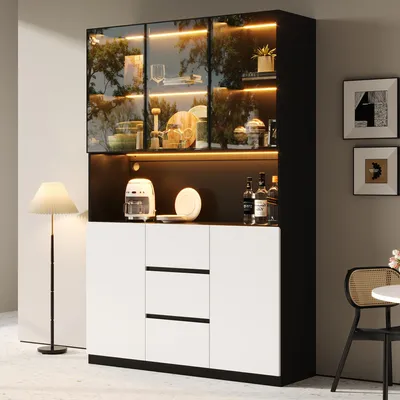 Produktbild von Merax LED-Glasvitrine, Küchenschrank mit 3 Glastür, 2 Holztür, Offene Regale, 3 Schubladen, Sideboard für Wohnzimmer und Esszimmer, Schwarz+Weiß