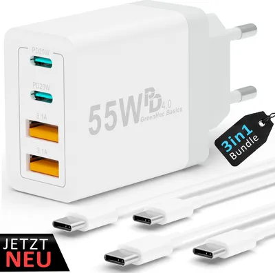 Produktbild von USB-C Ladegerät, Netzteil Stecker mehrfach schnellladen - 4in1 Ladestecker Power Adapter für Apple iPhone iPad Google Samsung: 55w Charger + 2x Kabel