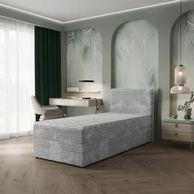 Produktbild von Masseno Boxspringbett PISA 90 90x200 cm Komplett-Set mit Bonell Matratze und Topper, Polsterbett mit Bettkästen -Hellgrau, TILIA 86