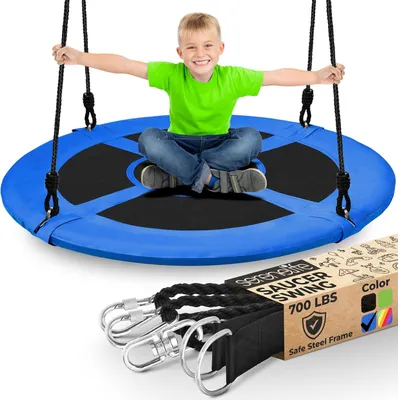 Produktbild von SereneLife Outdoor Spinner-Tellerschaukel – Runde hängende Baumschaukel mit Seilgurten, gepolstertem Metallrahmen und Sitz aus Polyestergewebe