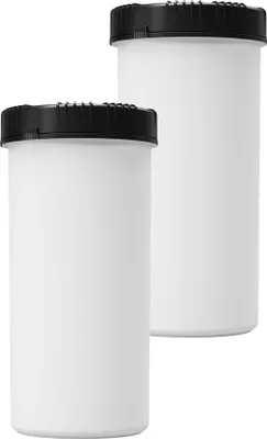 Two white storage containers with black lids are shown against a white background.