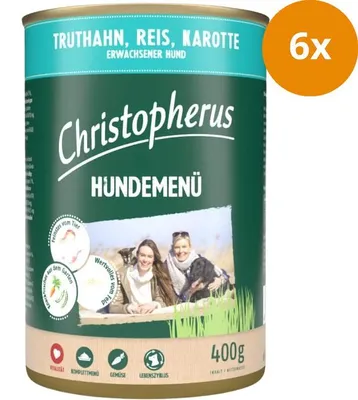 Produktbild von Christopherus Hundemenü mit Truthahn, Reis, Karotte 400 g, Adult, jede Rasse, Karotte, Reis, Türkei, 400 g, Ohne Soja