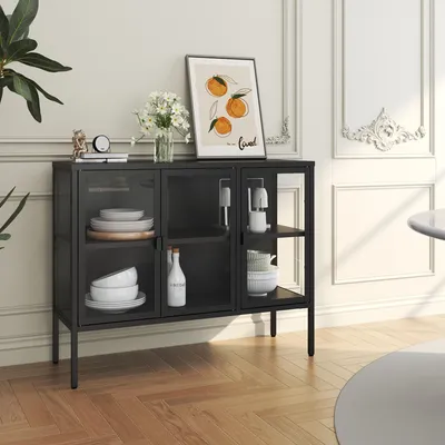 Produktbild von Vitrinen-Sideboard 'Borshavisa' Stahl 3-türig Klarglas 80 x 100 x 35 cm Schwarz