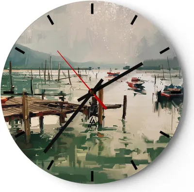 Produktbild von Wanduhr - Rund - Glasuhr - Boot Ufer Brücke - 30x30cm - Schleichendes Uhrwerk - Lautlos - zum Aufhängen bereit - Dekoration Modern - Wanddekoration aus Glas - C3AR30x30-3829