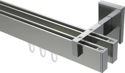A close-up, studio shot of a double-track curtain rod system.