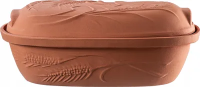 A terracotta baking dish with a lid, decorated with wheat motifs.