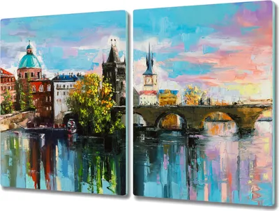 Produktbild von Coloray Kochplattenabdeckung Herdabdeckplatte 2x40x52 cm Hackbrett Schneidebrett Küchenbrett - Stadt Fluss Brücke Himmel